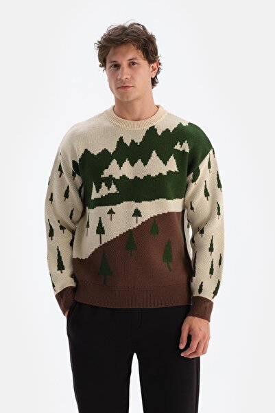 Dagi Κρεμ ανδρικό πλεκτό πουλόβερ με σχέδιο δέντρου για την Πρωτοχρονιά