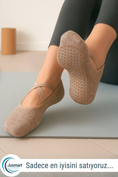 Jusmart Bej Kadın Babet Çorap ◆ Pamuklu Kaymaz Silikon Taban ◆ Yoga Pilates T...