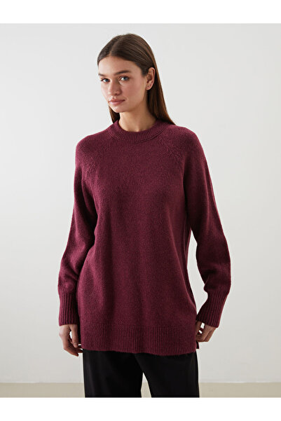 LC Waikiki Modest Burgundy Mock Neck Oversized Women's Knitwear Tunic