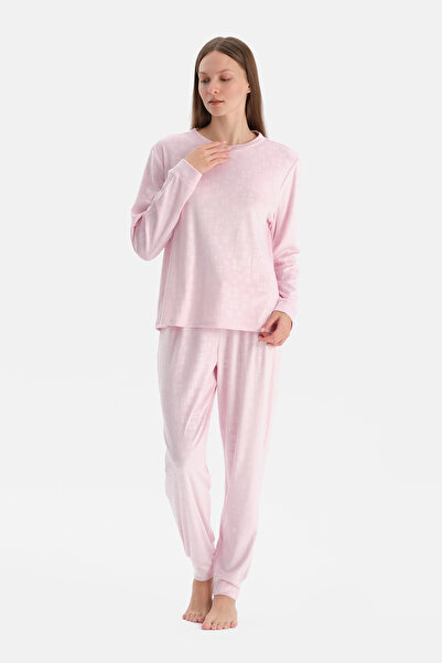 Dagi Light Pink Seersucker Snow Printed T-Shirt Pants Pajama Set