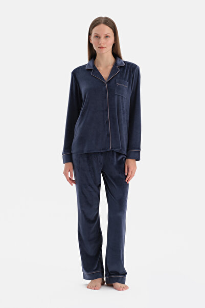 Dagi Navy Blue Embroidery Detailed Velvet Shirt Pants Pajama Set