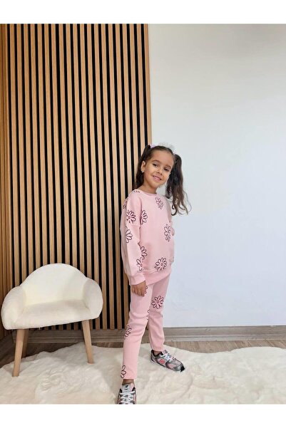 Magu Girl's Cotton Pink Floral Printed Sweatshirt Leggings Set
