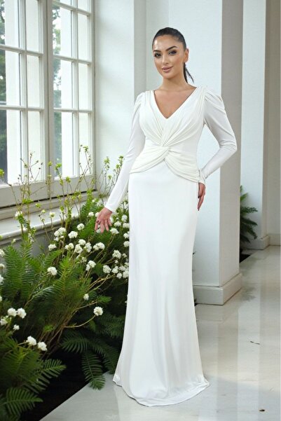 BDR COMPANY UZUN KOLLU BELİ DÜĞÜMLÜ V YAKA LİKRA ÖRME SÖZ-NİŞAN-NİKAH ABİYE E...