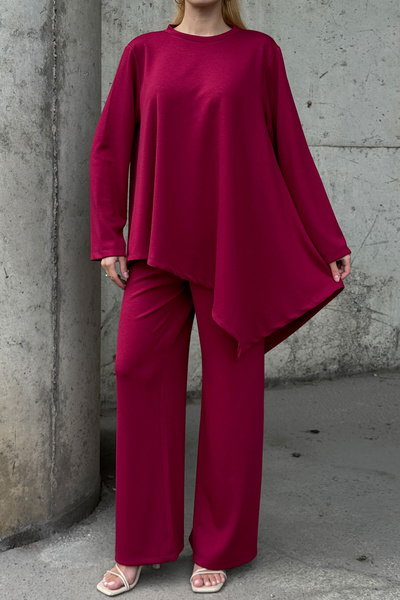 CARLA MARA Comfortable Fit Asymmetrical Blouse and Pants Modal Fabric Set Burgundy