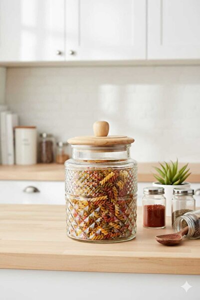 Mask Themia Wooden Lid Glass Jar & Food Storage Container Set 550 Cc (Vacuum Lid)