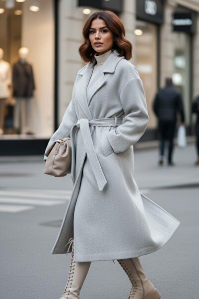 Mossta Oversized Belted Women's Coat – Light Gray Modern Fit