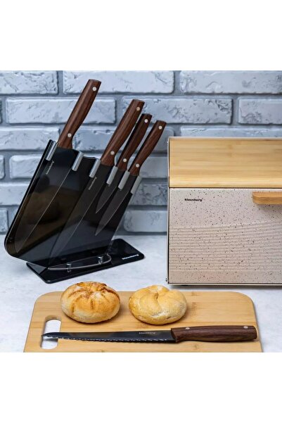 Kinghoff Set of 5 knives, with black stand, wooden handle, Klausberg