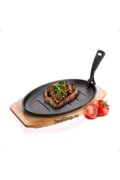 dealshopromania Tigaie ovală din fontă pură cu suport din lemn, grătar din fontă, suport din lemn, 27 x 17,5 cm, sănătos