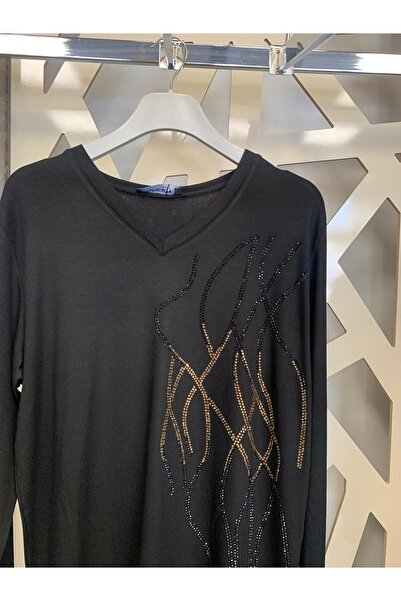 günay boutıque V-Neck Stone Printed Blouse-Black