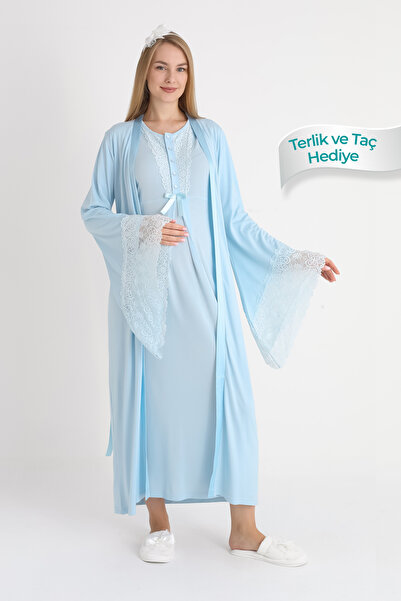 ERDENİZ TEKSTİL Lace Detailed Viscose Fabric Maternity Nightgown and Robe Set of 2 - Includes Slippers and Crown as a Gift