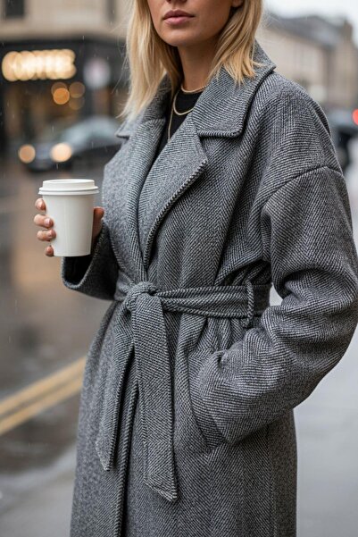 Mossta Brown Stylish Long Coat – Belted Women's Model