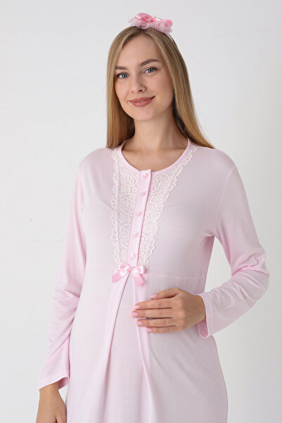 ERDENİZ TEKSTİL Lace Detailed Viscose Fabric Maternity Nightgown and Robe Set of 2 - Includes Slippers and Crown as a Gift