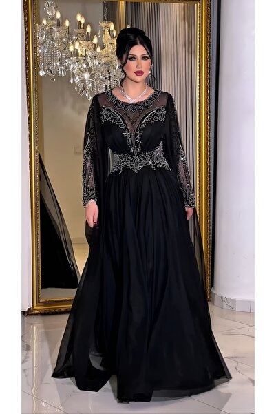 NHMODA Tulle Fabric, Transparent Sleeves, Flared Evening Dress with Embroidery Detail