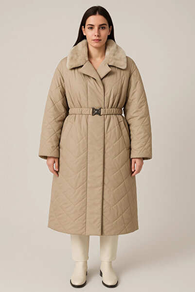 Laviva Fashion Yakası Kendi Renginde Kürklü Kışlık Mont/Trençkot