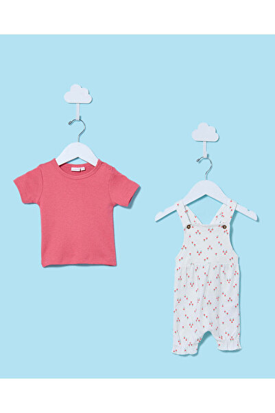 REDTAG Baby Fuchsia And White Printed Dungaree Set (2 Piece)