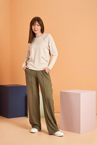 PJS 28103 Ecru Wide Leg Women's Sports Tracksuit Set