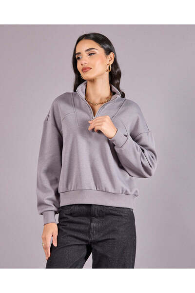 REDTAG Women Grey High Neck Active Sweatshirt
