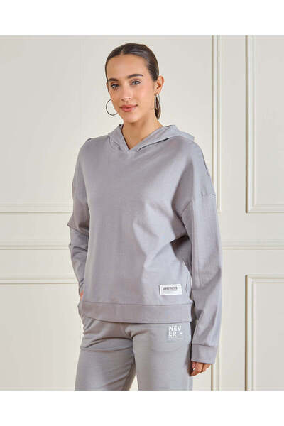 REDTAG Women Grey Basic Hooded Sweatshirt