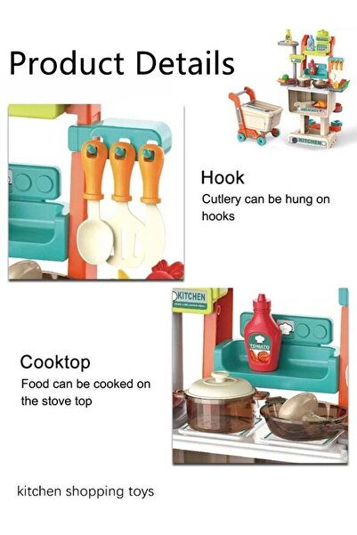 Generic 2 In 1 Supermarket Shopping Cart Toys,Mini Play House Set Simulation Toys with Food and Kitchenware
