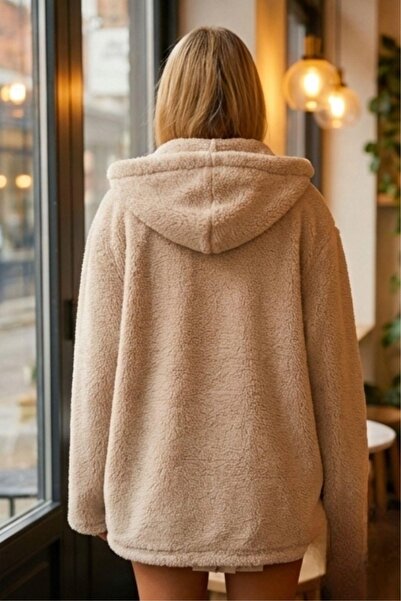 Mossta Winter Hooded Plush Coat – Beige Pocket Model