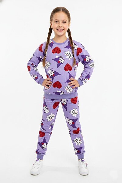 NEWKİDS Heart and Figure Patterned 2 Thread Cotton m Transitional Girl's Pajama Set