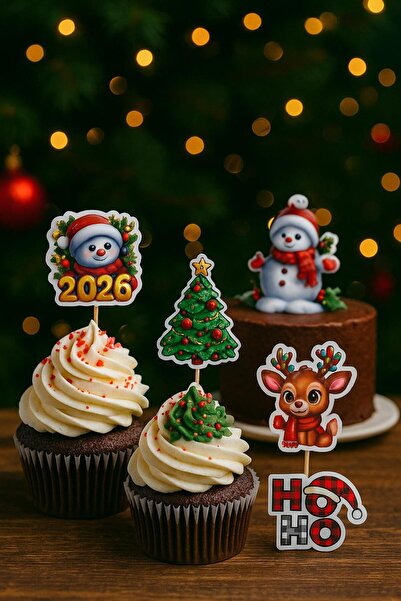 Ege Pastacılık Yılbaşı Konseptli Pasta Cupcake Süsü Kürdan 5 Farklı Karakter