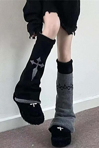 Karakedi Black Gray Gothic Cross Thorn Double Sided Leggings