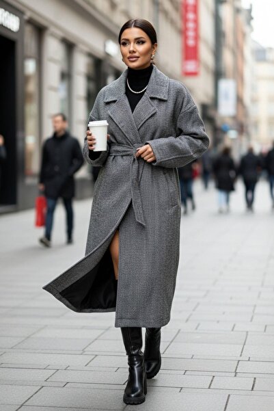 Mossta Winter Long Belted Coat – Black Soft Textured