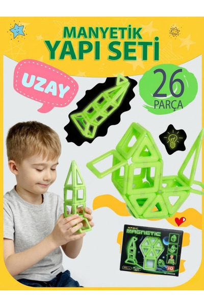 craftivio Glow Manyetik Yapı Blokları 26 Parça Karanlıkta Parlayan Eğitici Ze...