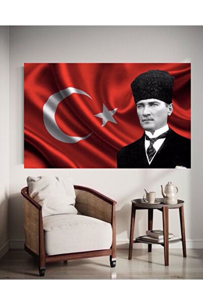 özkacar YATAY TÜRK BAYRAĞI VE ATATÜRK KANVAS TABLO EV DEKARASYON HEDİYELİK DU...