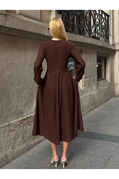 CARLA MARA Ottoman Fabric Button Detail Dress Brown