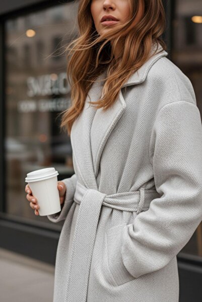 Mossta Women's Belted Long Coat – Light Gray Soft Textured Herringbone Pattern