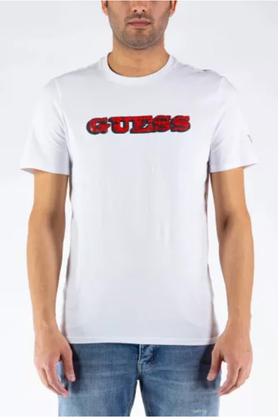 Guess - White Slim Fit T-Shirt with Red Logo