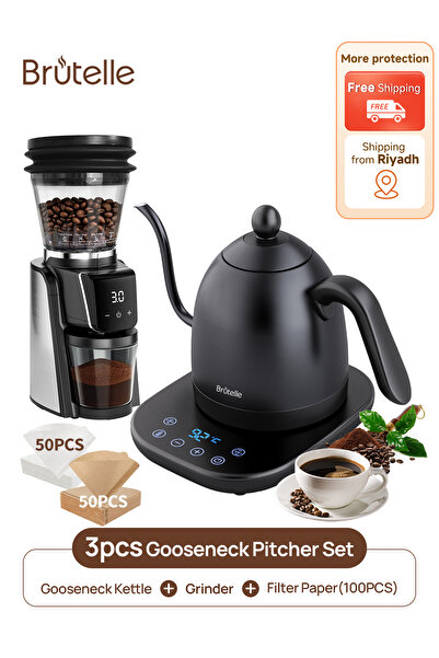 Brutelle مجموعة ماكينة تحضير القهوة الكهربائية ذات الرقبة الإوزية V02 مع مرشحات ومطحنة قهوة للاستخدام المنزلي والمكتب