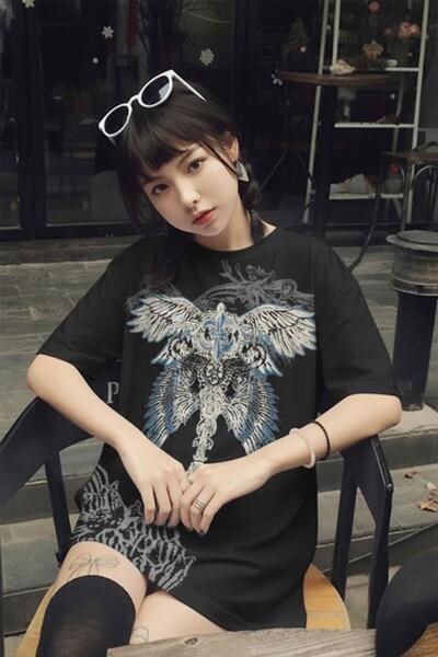 Karakedi Harajuku Gothic Wing Detailed Y2K Unisex Short Sleeve T-Shirt