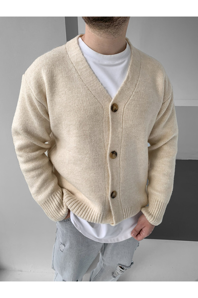 NO1 KONSEPT Beige V-Neck Premium Buttoned Oversized Knitted Cardigan