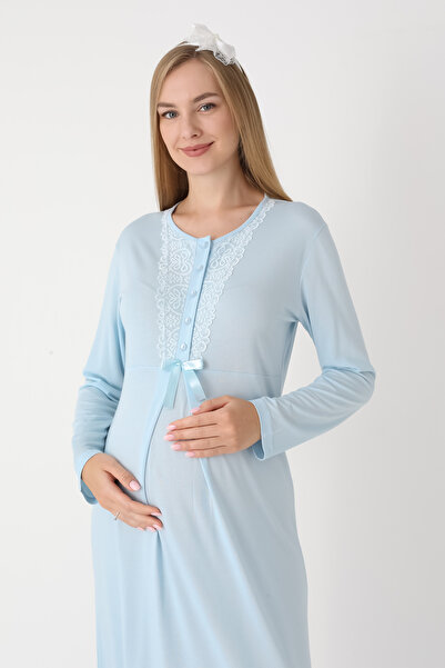 ERDENİZ TEKSTİL Lace Detailed Viscose Fabric Maternity Nightgown and Robe Set of 2 - Includes Slippers and Crown as a Gift