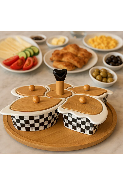 CEZVE HOME Bambu Döner Standlı Kapaklı 5'li Porselen Kahvaltı Takımı Lüx Kahvaltılık