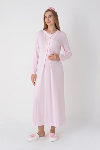ERDENİZ TEKSTİL Lace Detailed Viscose Fabric Maternity Nightgown and Robe Set of 2 - Includes Slippers and Crown as a Gift