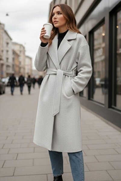 Mossta Women's Belted Long Coat – Light Gray Soft Textured Herringbone Pattern