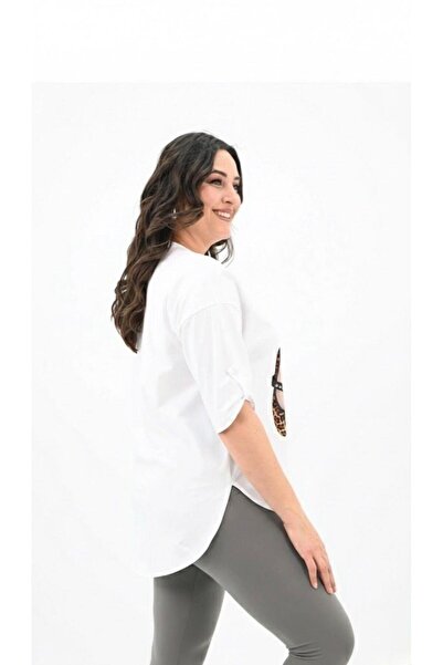 Koza Butik Women's Plus Size Stone Embroidered Print Pattern Oval Cut T-Shirt 1927-25