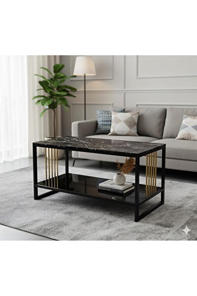 Alcoach Gold + Black Two-Tier Modern Cocktail Coffee Table with Open Storage