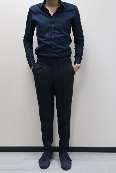 Daniel Voi Dark Navy Italian Cut Side Buttoned Pleated Stylish Fabric Trousers