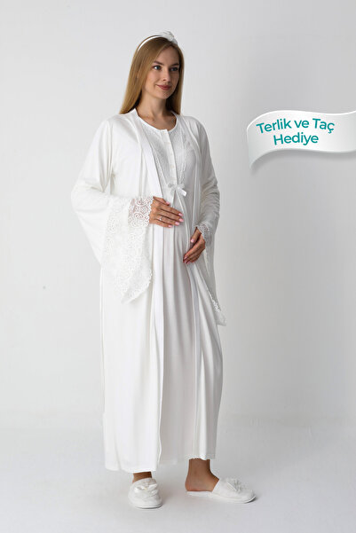 ERDENİZ TEKSTİL Lace Detailed Viscose Fabric Maternity Nightgown and Robe Set of 2 - Includes Slippers and Crown as a Gift