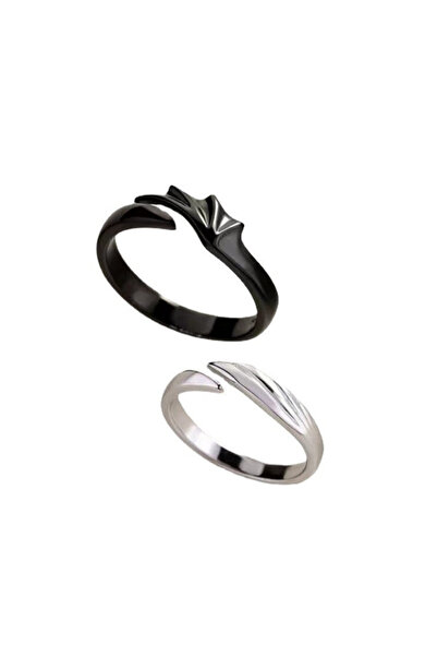 Hilosh Unisex Black Silver Wing Detailed Adjustable Couple Ring Set
