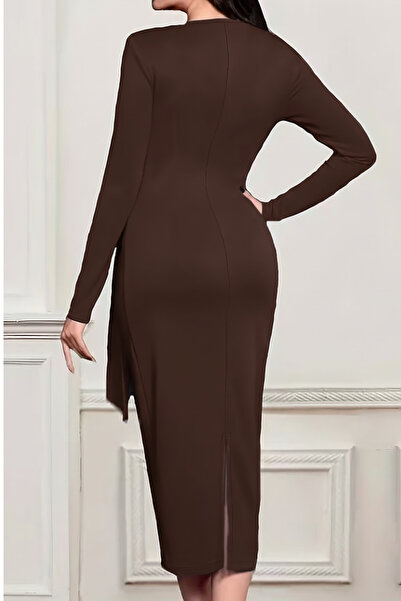 Deafox Brown Round Neck Long Sleeve Brooch Detail Draped Asymmetrical Crepe Fabric Dress