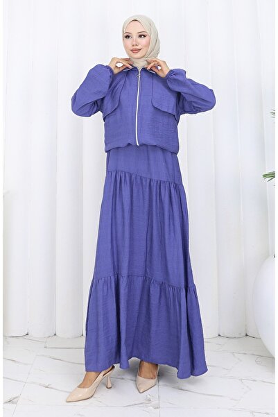sefamerve Double Suit with Elastic Sleeves and Zipper 0129-21 Purple