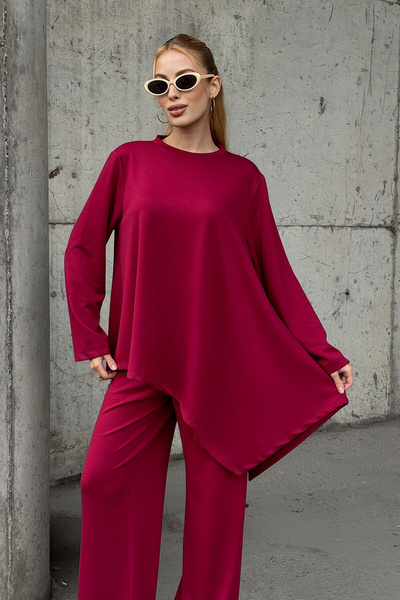 CARLA MARA Comfortable Fit Asymmetrical Blouse and Pants Modal Fabric Set Burgundy