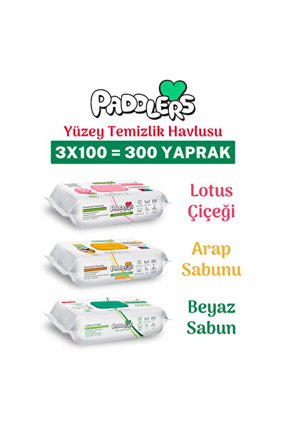 Paddlers Easy Clean Lotus Çiçeği & Arap Sabunu & Beyaz Sabun Katkılı Yüzey Temizlik Havlusu 3x100 (300 Yp)