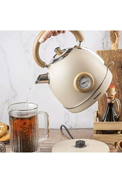 Kinghoff Ceainic, fierbator electric cu termometru, otel inoxidabil, crem cu lemne, 1,8 l, 1850-2200 W, Klaus